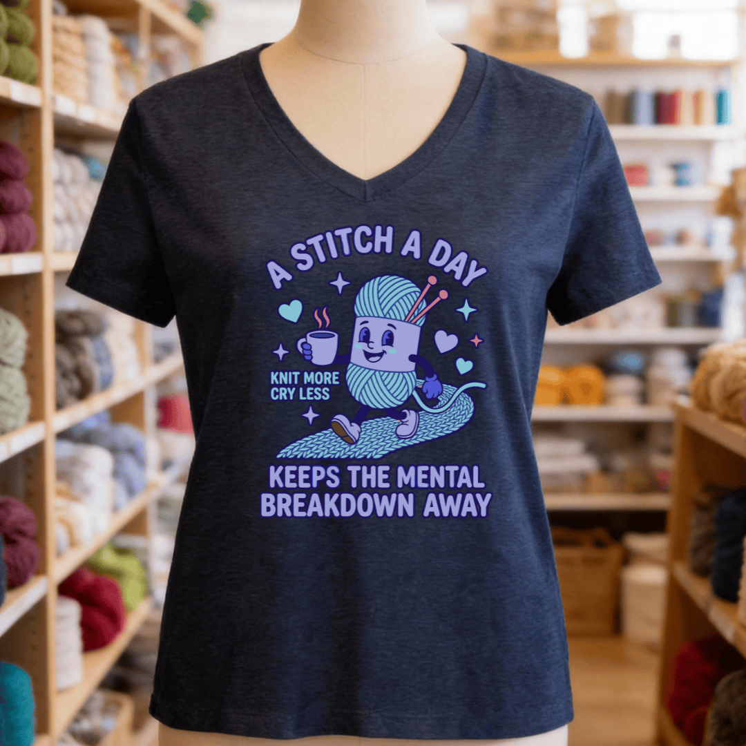 A Stitch A Day V-Neck T-Shirt Heather Navy / S