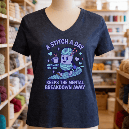 A Stitch A Day V-Neck T-Shirt Heather Navy / S