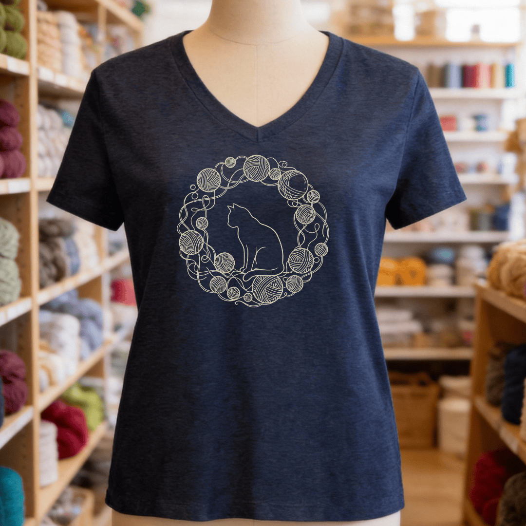 Cat Yarn Wreath V-Neck T-Shirt Heather Navy / S