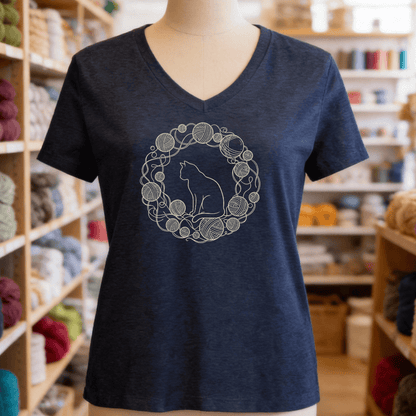 Cat Yarn Wreath V-Neck T-Shirt Heather Navy / S