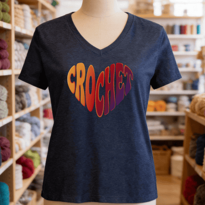 Crochet Heart Sunset V-Neck T-Shirt Heather Navy / S