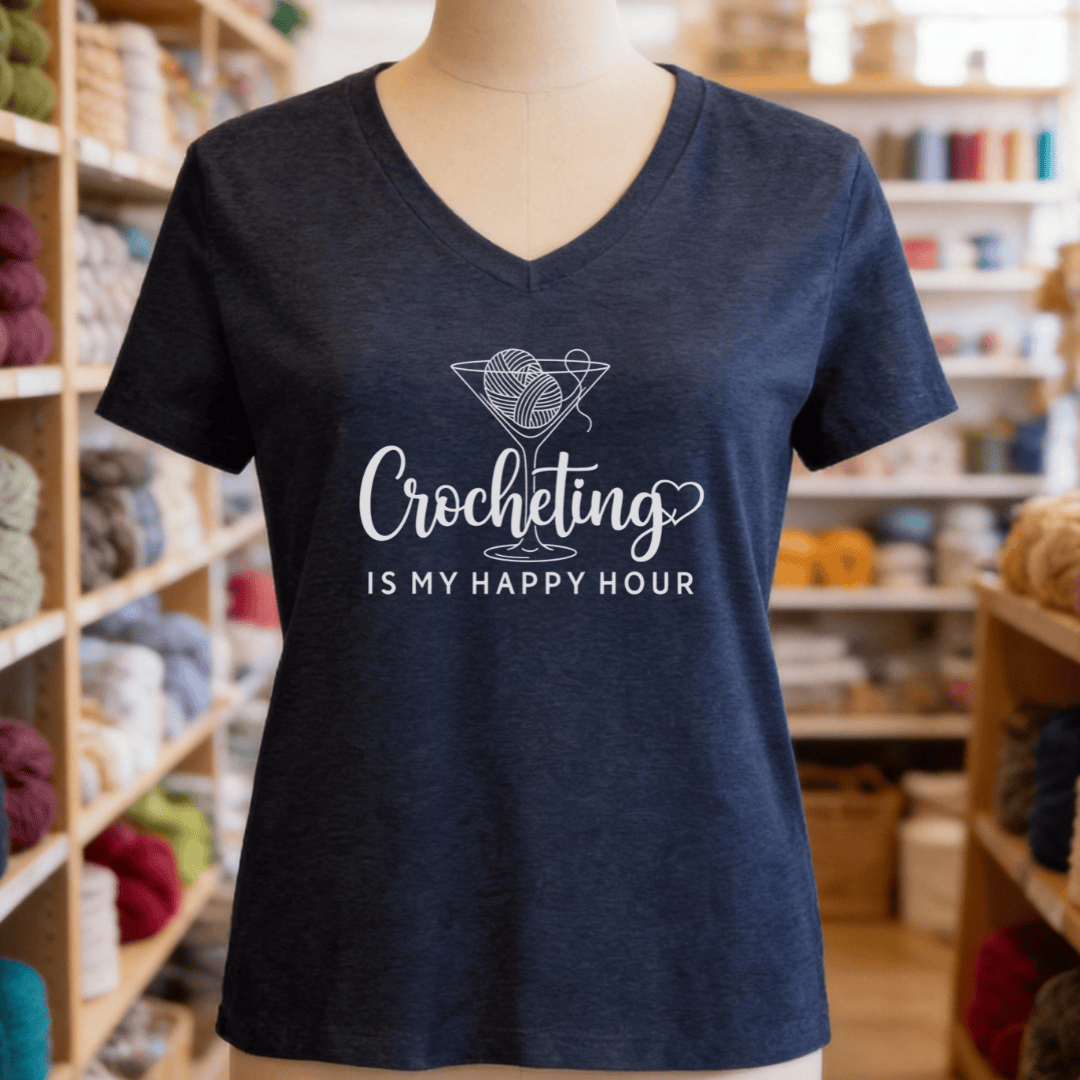 Happy Hour Crocheting V-Neck T-Shirt Heather Navy / S