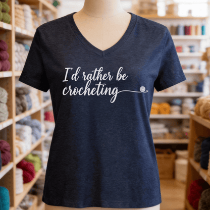 I'd Rather Be Crocheting V-Neck T-Shirt Heather Navy / S