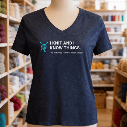 I Knit & Know Things V-Neck T-Shirt Heather Navy / S