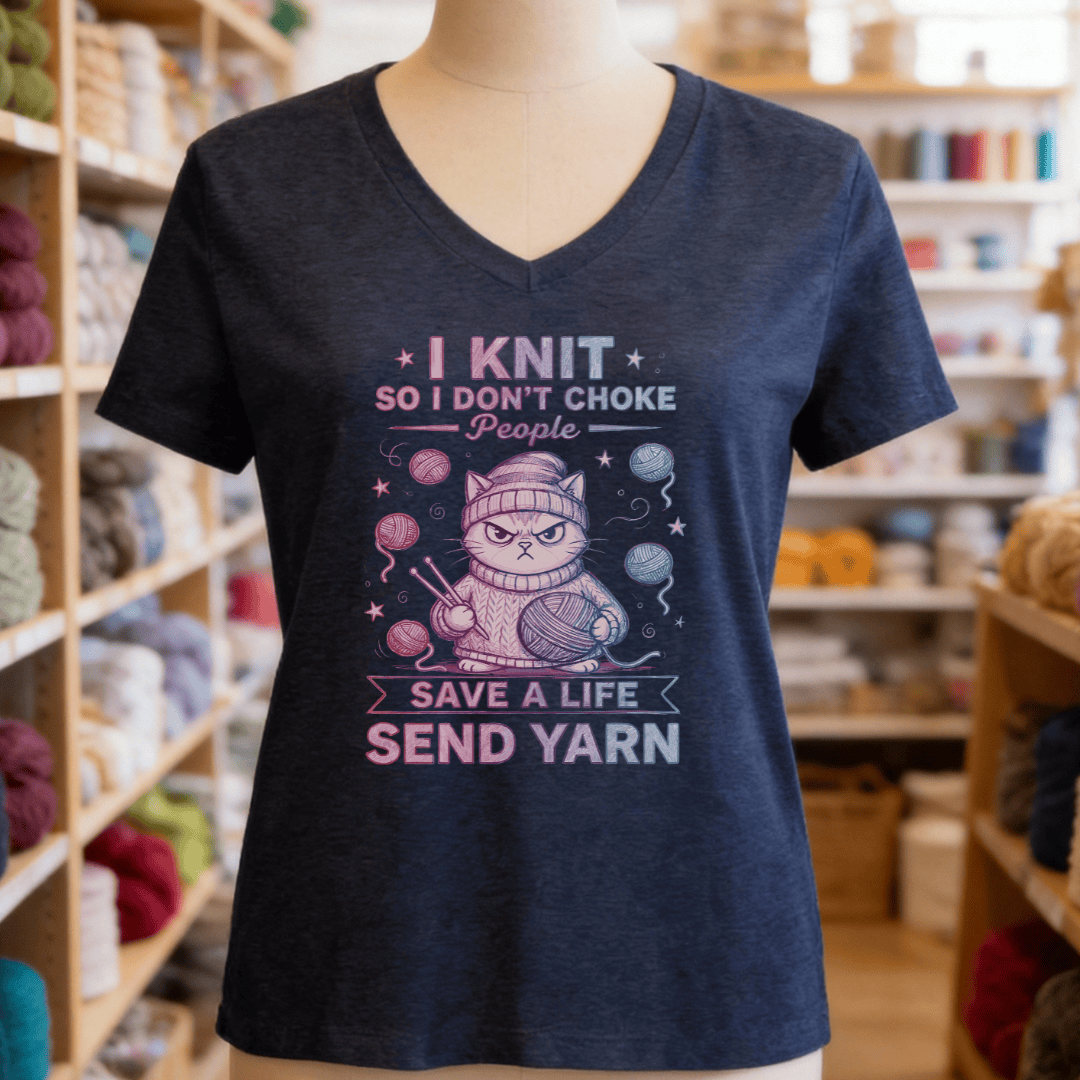 I Knit So I Don't Choke People V-Neck T-Shirt Heather Navy / S