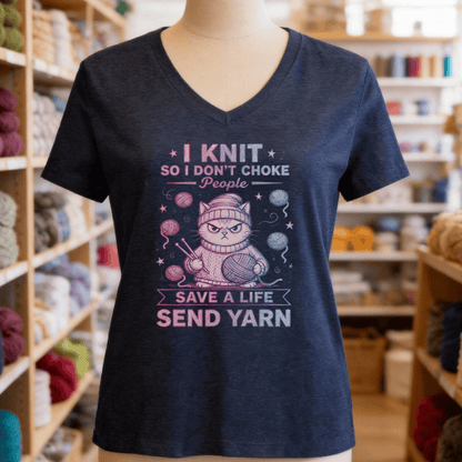 I Knit So I Don't Choke People V-Neck T-Shirt Heather Navy / S