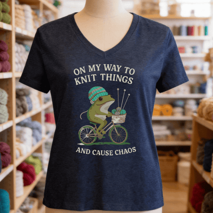 Knitting & Chaos V-Neck T-Shirt Heather Navy / S