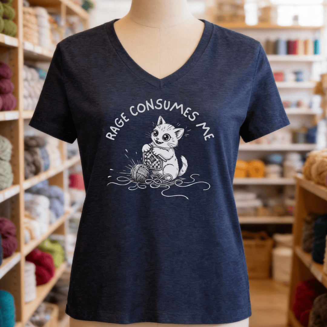 Rage Consumes Me Crochet V-Neck T-Shirt Heather Navy / S