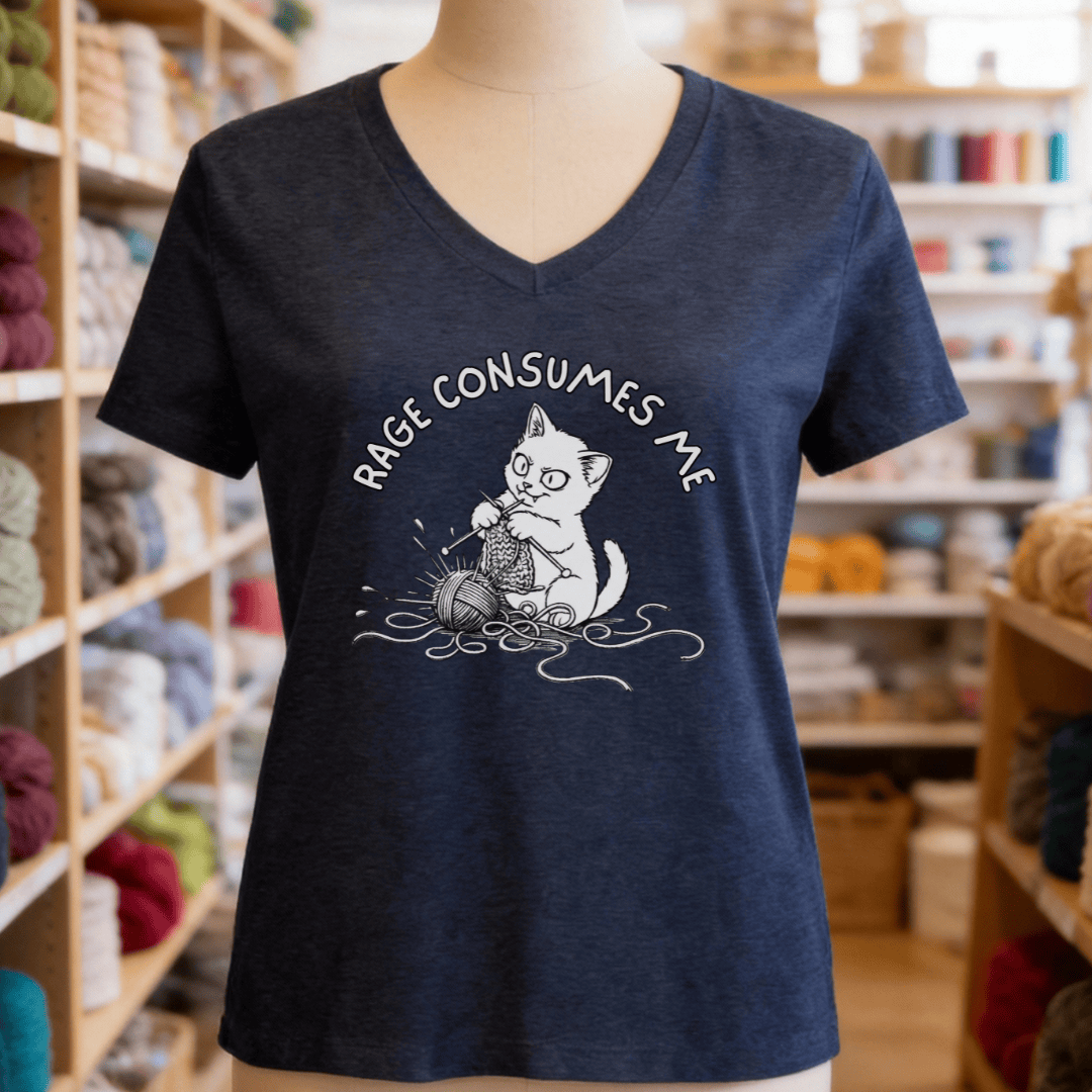 Rage Consumes Me Knit V-Neck T-Shirt Heather Navy / S