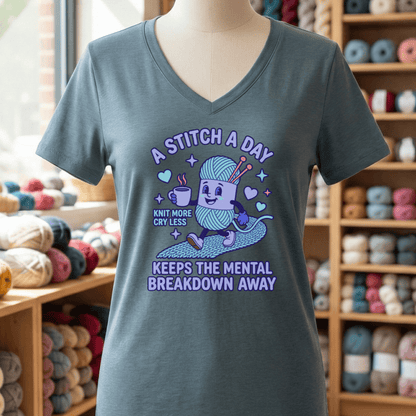 A Stitch A Day V-Neck T-Shirt Heather Slate / S