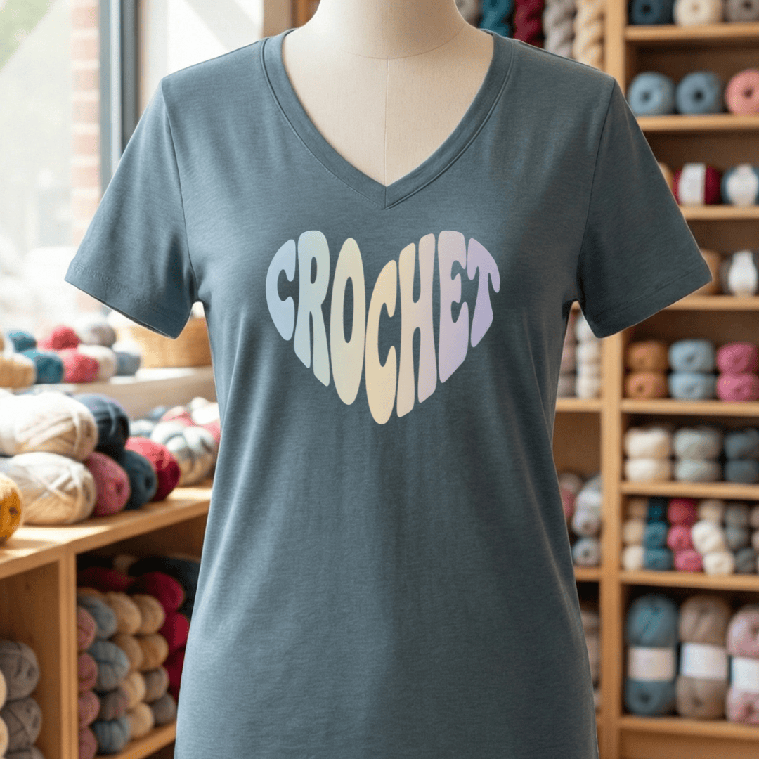 Crochet Heart Pastel V-Neck T-Shirt Heather Slate / S