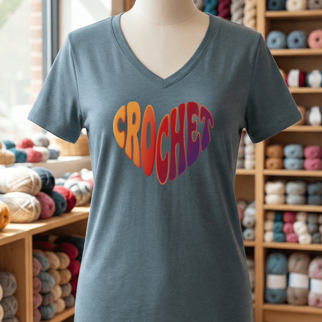 Crochet Heart Sunset V-Neck T-Shirt Heather Slate / S