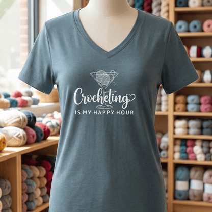 Happy Hour Crocheting V-Neck T-Shirt Heather Slate / S