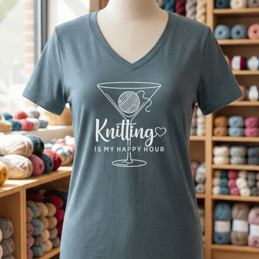 Happy Hour Knitting V-Neck T-Shirt Heather Slate / S
