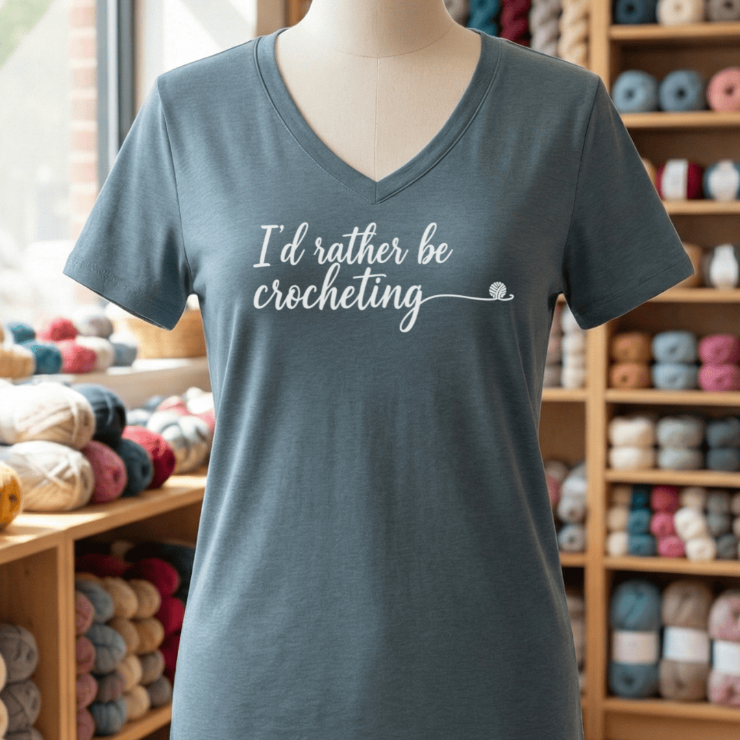 I'd Rather Be Crocheting V-Neck T-Shirt Heather Slate / S