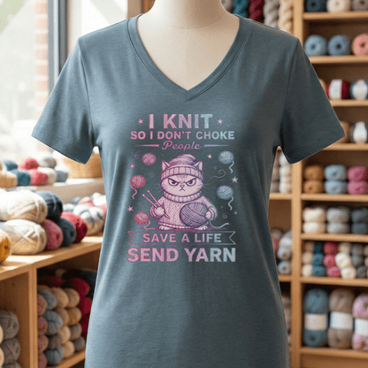 I Knit So I Don't Choke People V-Neck T-Shirt Heather Slate / S
