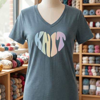 Knit Heart Pastel V-Neck T-Shirt Heather Slate / S
