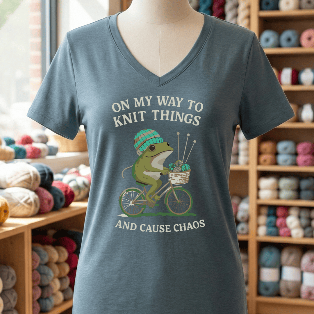 Knitting & Chaos V-Neck T-Shirt Heather Slate / S