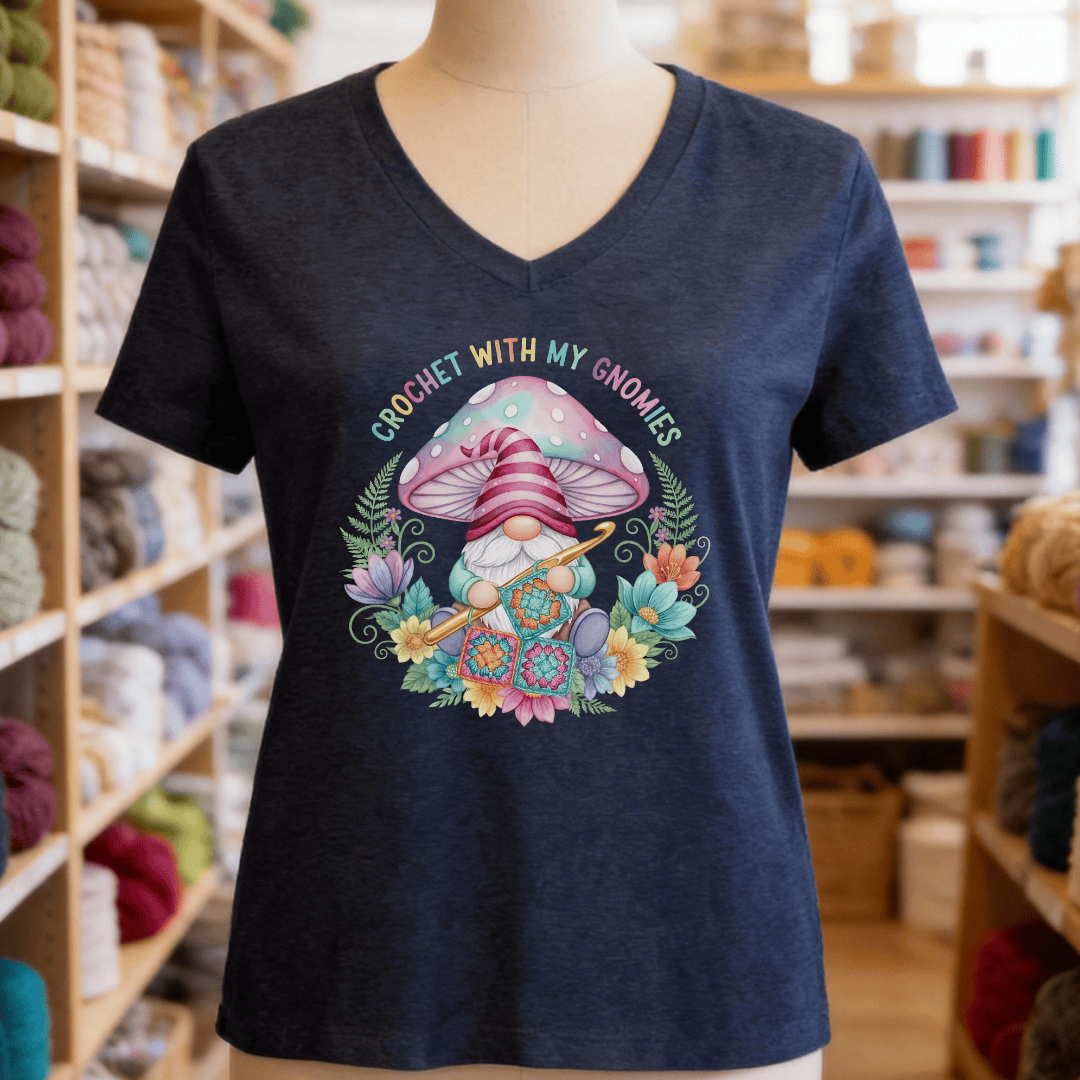 Crochet With My Gnomies V-Neck T-Shirt Navy / S