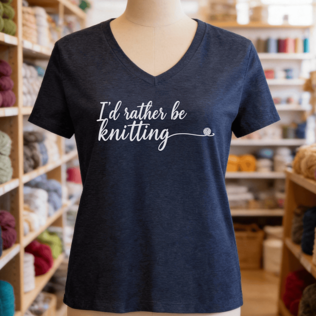 I'd Rather Be Knitting V-Neck T-Shirt Navy / S