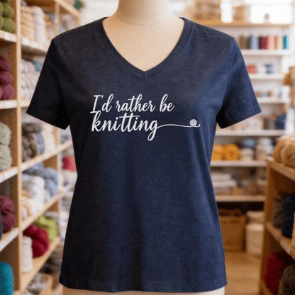 I'd Rather Be Knitting V-Neck T-Shirt Navy / S