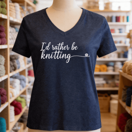 I'd Rather Be Knitting V-Neck T-Shirt Navy / S