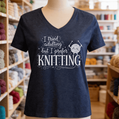 I Prefer Knitting V-Neck T-Shirt Navy / S