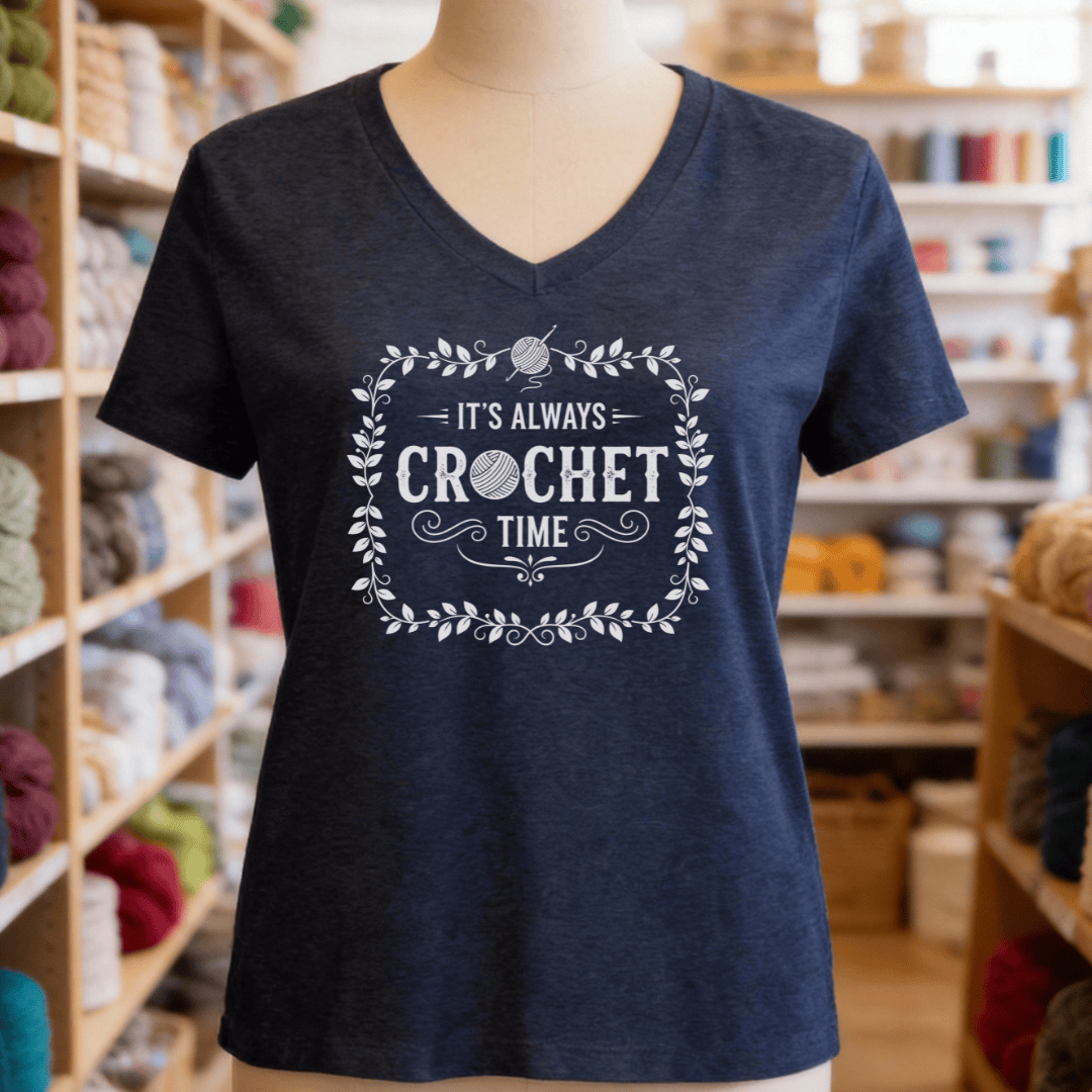 It's Always Crochet Time V-Neck T-Shirt Navy / S