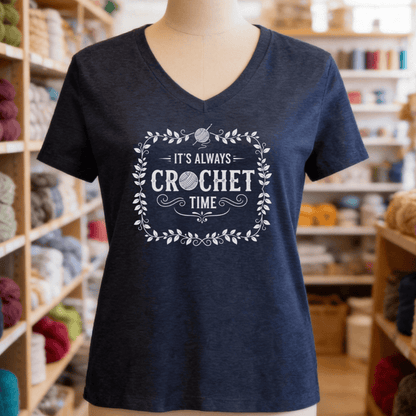 It's Always Crochet Time V-Neck T-Shirt Navy / S