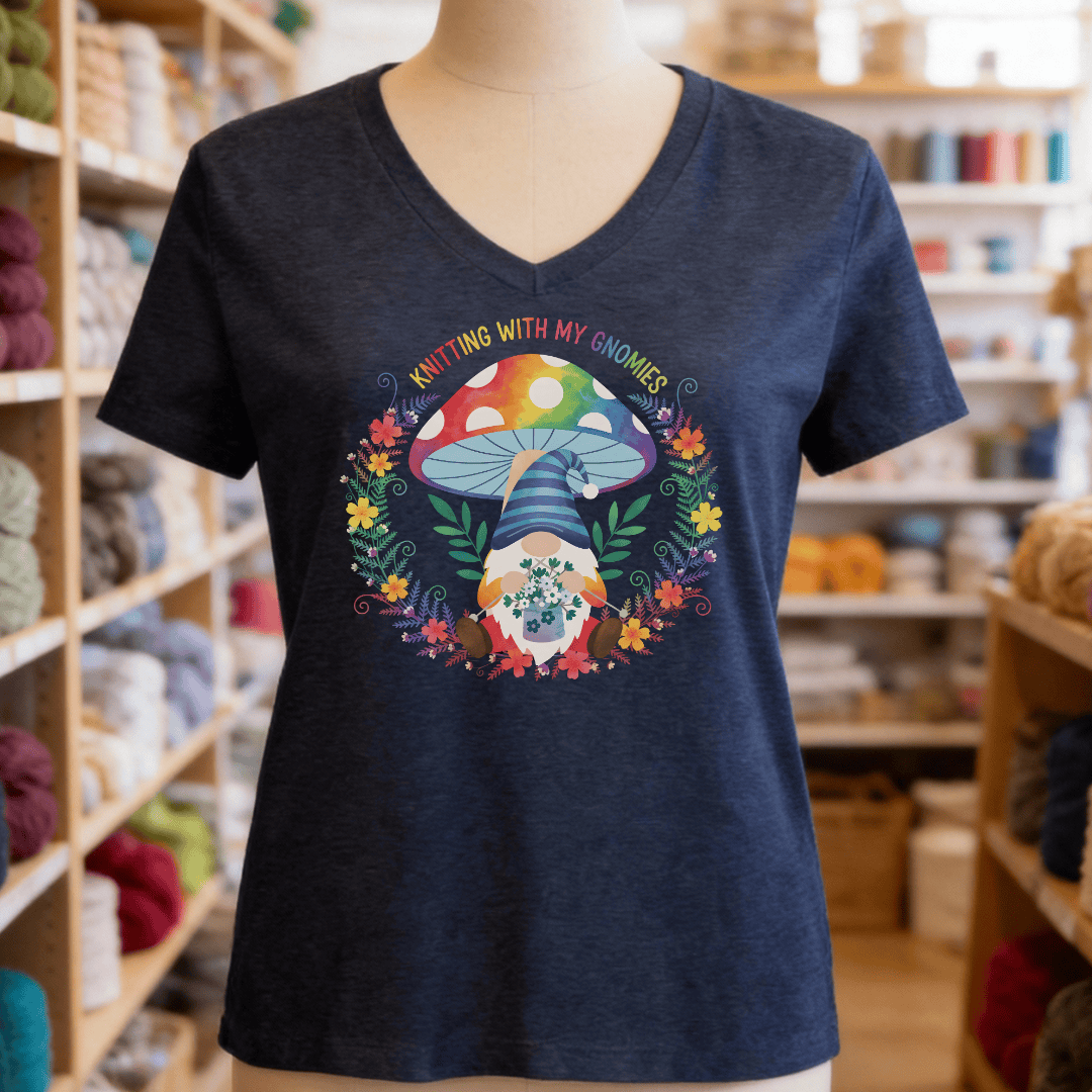 Knitting With My Gnomies V-Neck T-Shirt Navy / S