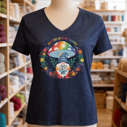 Knitting With My Gnomies V-Neck T-Shirt Navy / S
