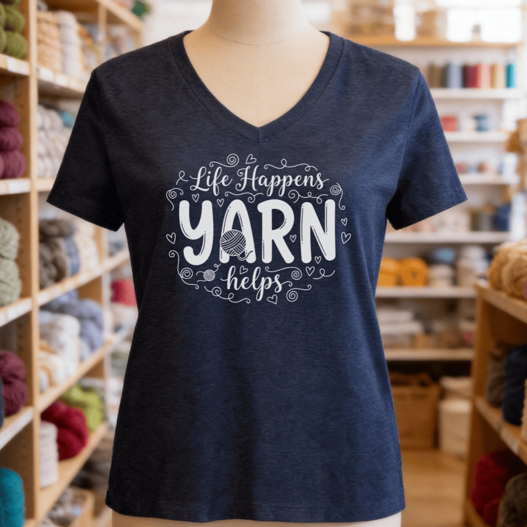 Life Happens, Yarn Helps V-Neck T-Shirt Navy / S