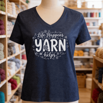 Life Happens, Yarn Helps V-Neck T-Shirt Navy / S
