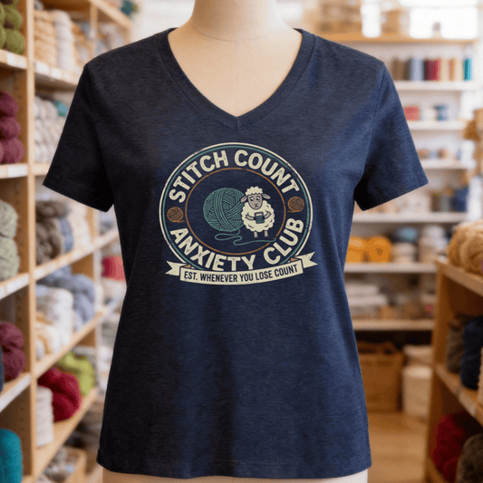 Stitch Count Anxiety Club V-Neck T-Shirt Navy / S