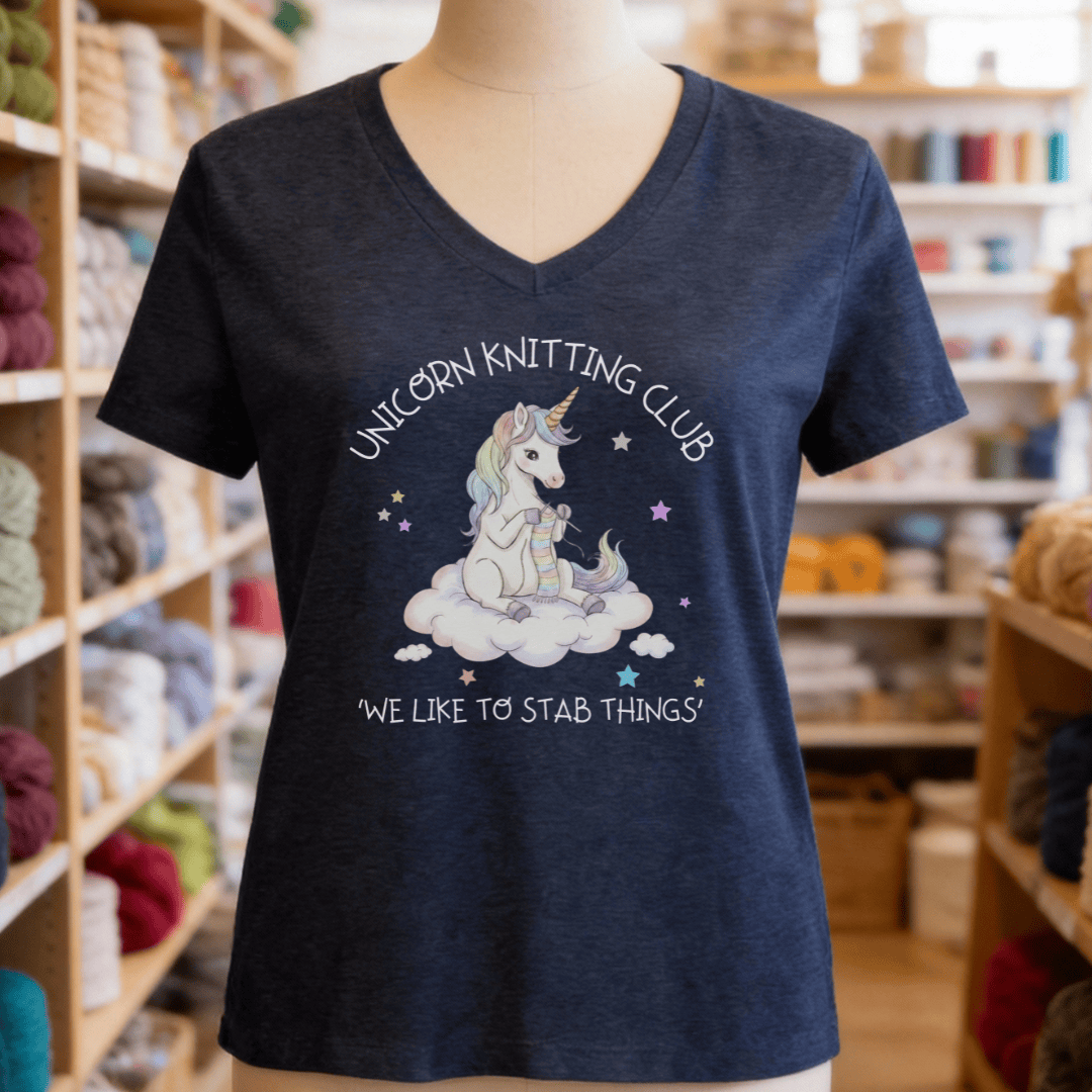 Unicorn Knitting Club V-Neck T-Shirt Navy / S