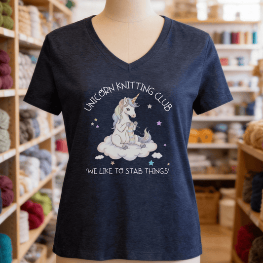 Unicorn Knitting Club V-Neck T-Shirt Navy / S