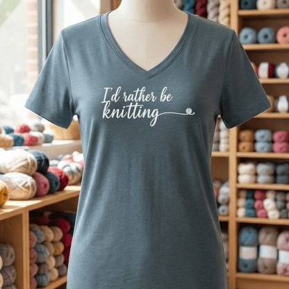 I'd Rather Be Knitting V-Neck T-Shirt Slate / S
