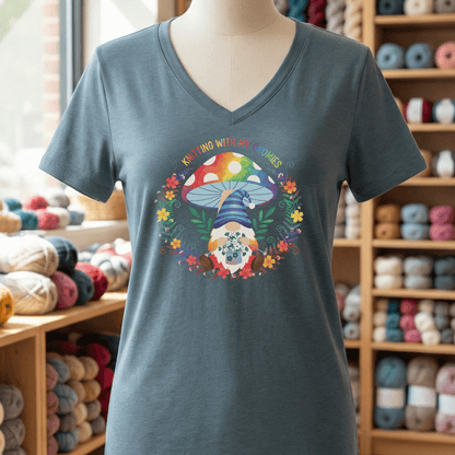 Knitting With My Gnomies V-Neck T-Shirt Slate / S