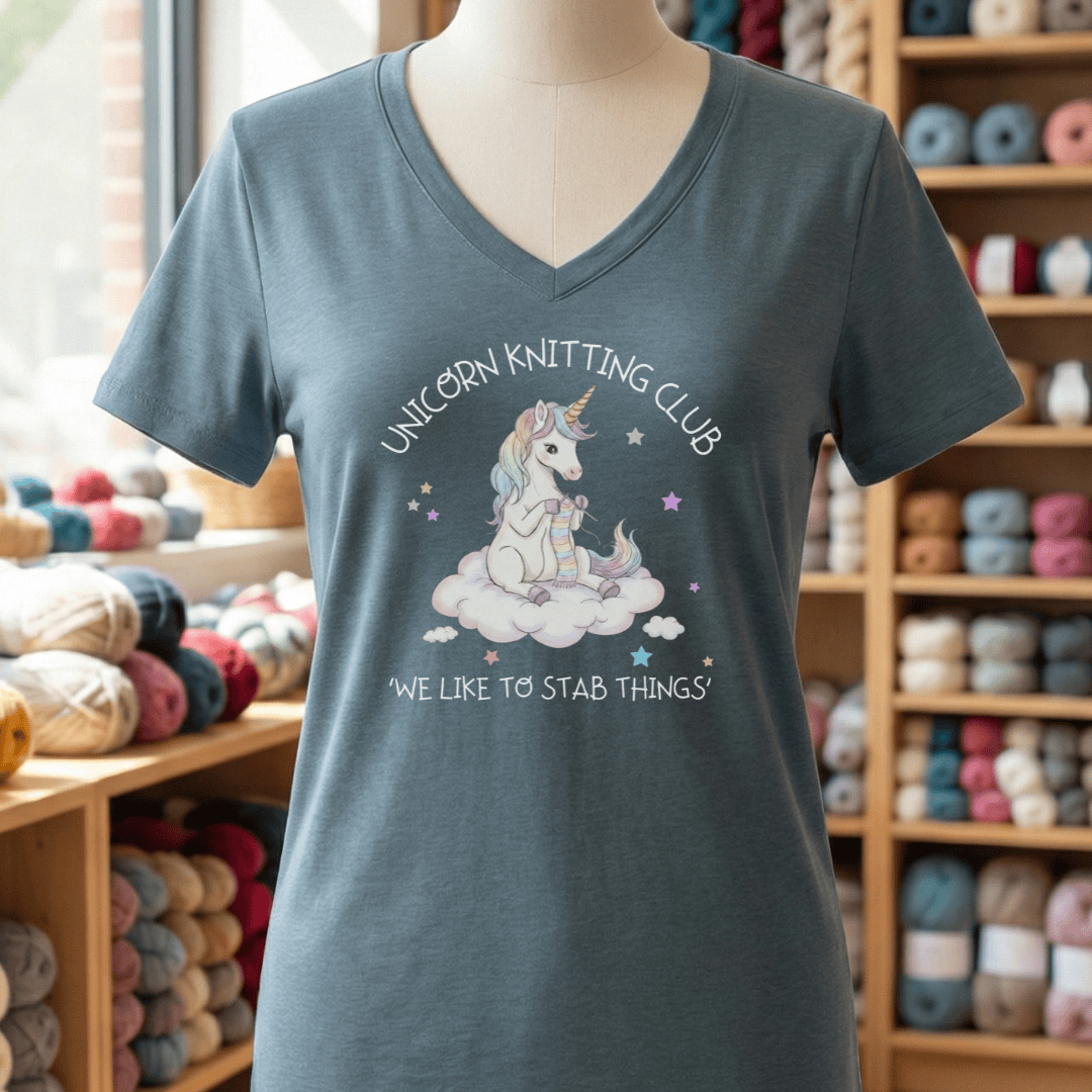 Unicorn Knitting Club V-Neck T-Shirt Slate / S