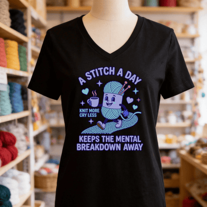 A Stitch A Day V-Neck T-Shirt Solid Black Blend / S