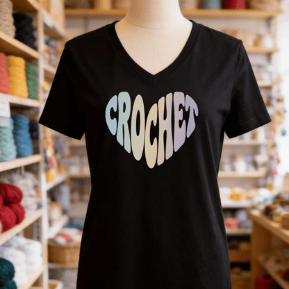 Crochet Heart Pastel V-Neck T-Shirt Solid Black Blend / S