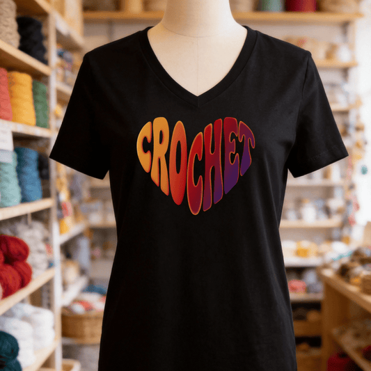 Crochet Heart Sunset V-Neck T-Shirt Solid Black Blend / S
