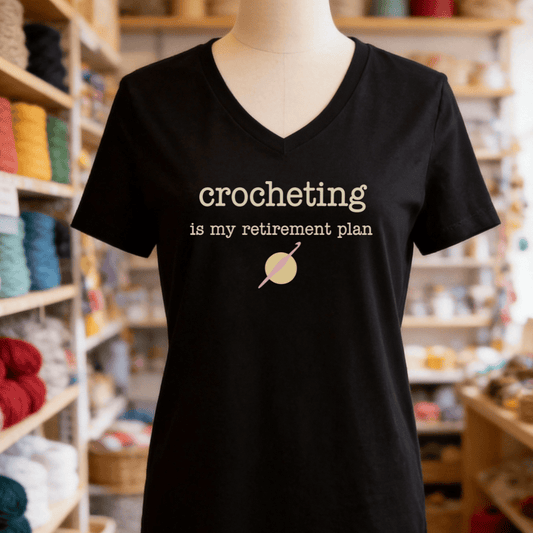 Crochet Retirement Plan V-Neck T-Shirt Solid Black Blend / S