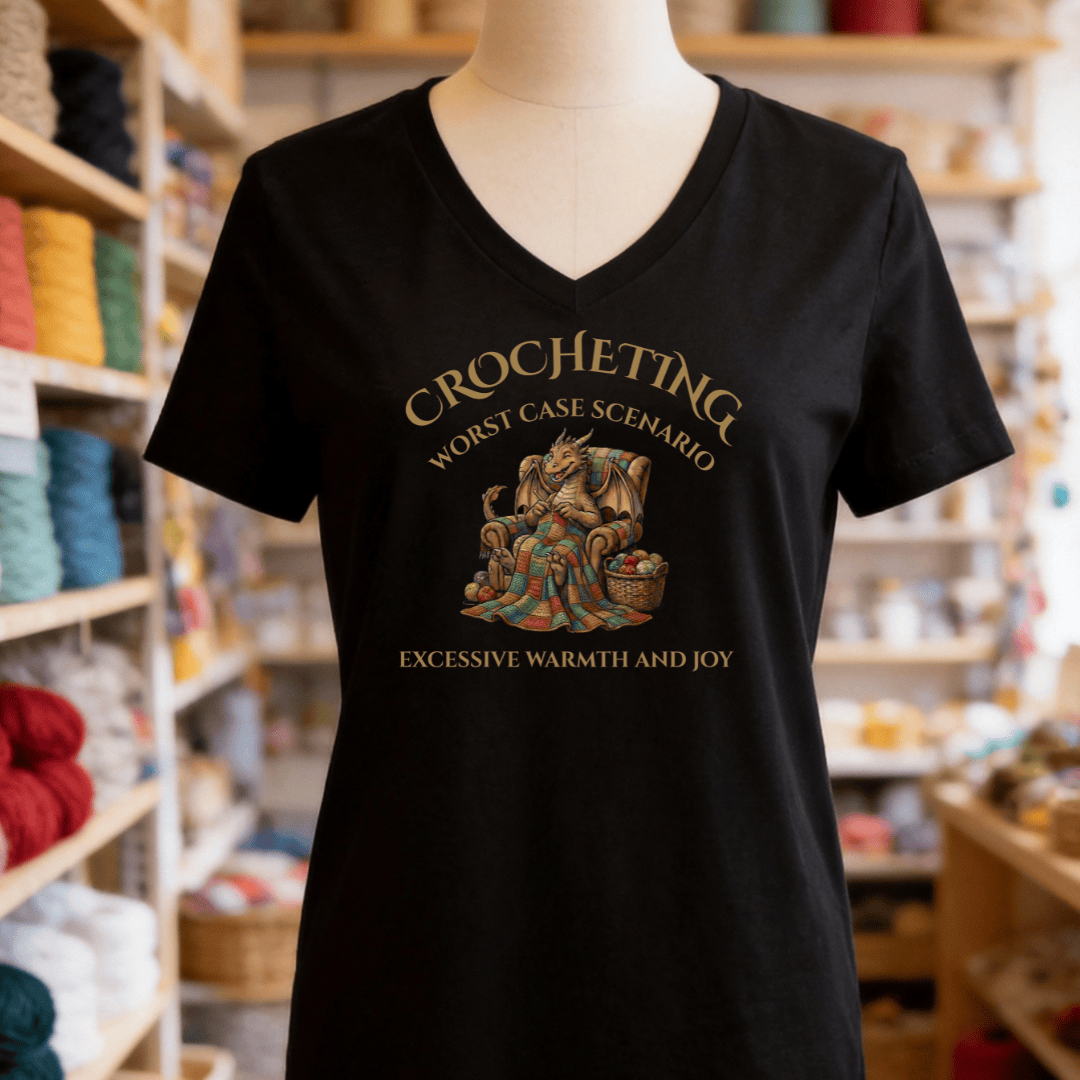 Crocheting Scenario V-Neck T-Shirt Solid Black Blend / S
