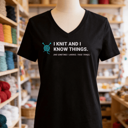 I Knit & Know Things V-Neck T-Shirt Solid Black Blend / S