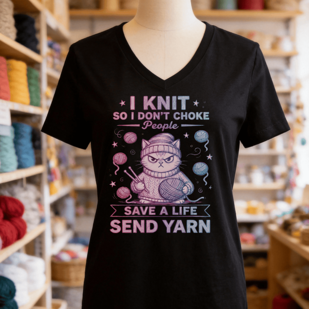 I Knit So I Don't Choke People V-Neck T-Shirt Solid Black Blend / S