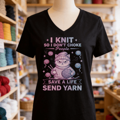 I Knit So I Don't Choke People V-Neck T-Shirt Solid Black Blend / S