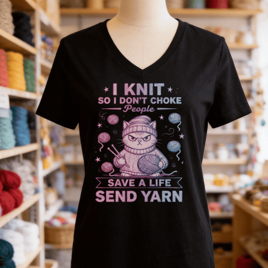 I Knit So I Don't Choke People V-Neck T-Shirt Solid Black Blend / S