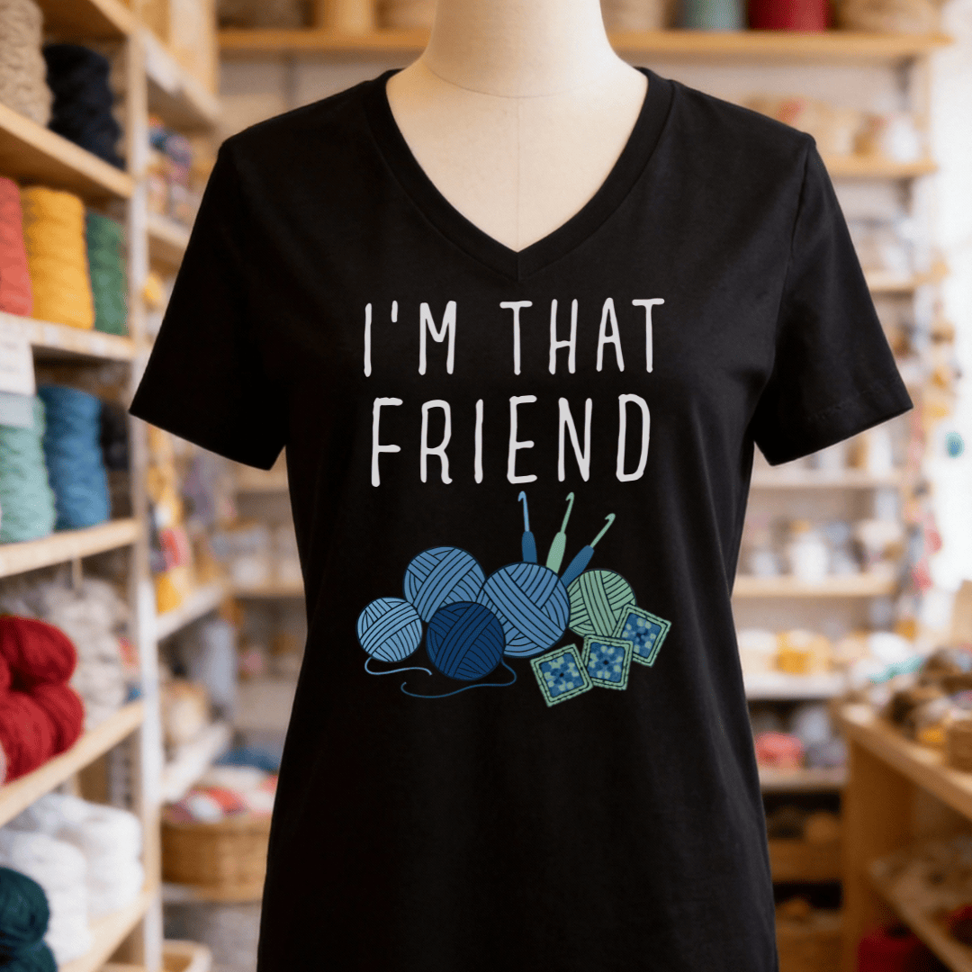 I'm That Crochet Friend V-Neck T-Shirt Solid Black Blend / S