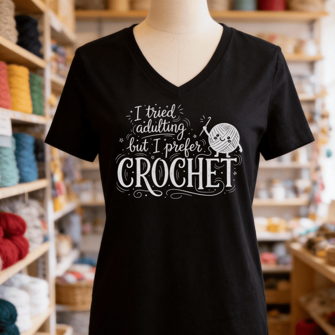 I Prefer Crochet V-Neck T-Shirt Solid Black Blend / S